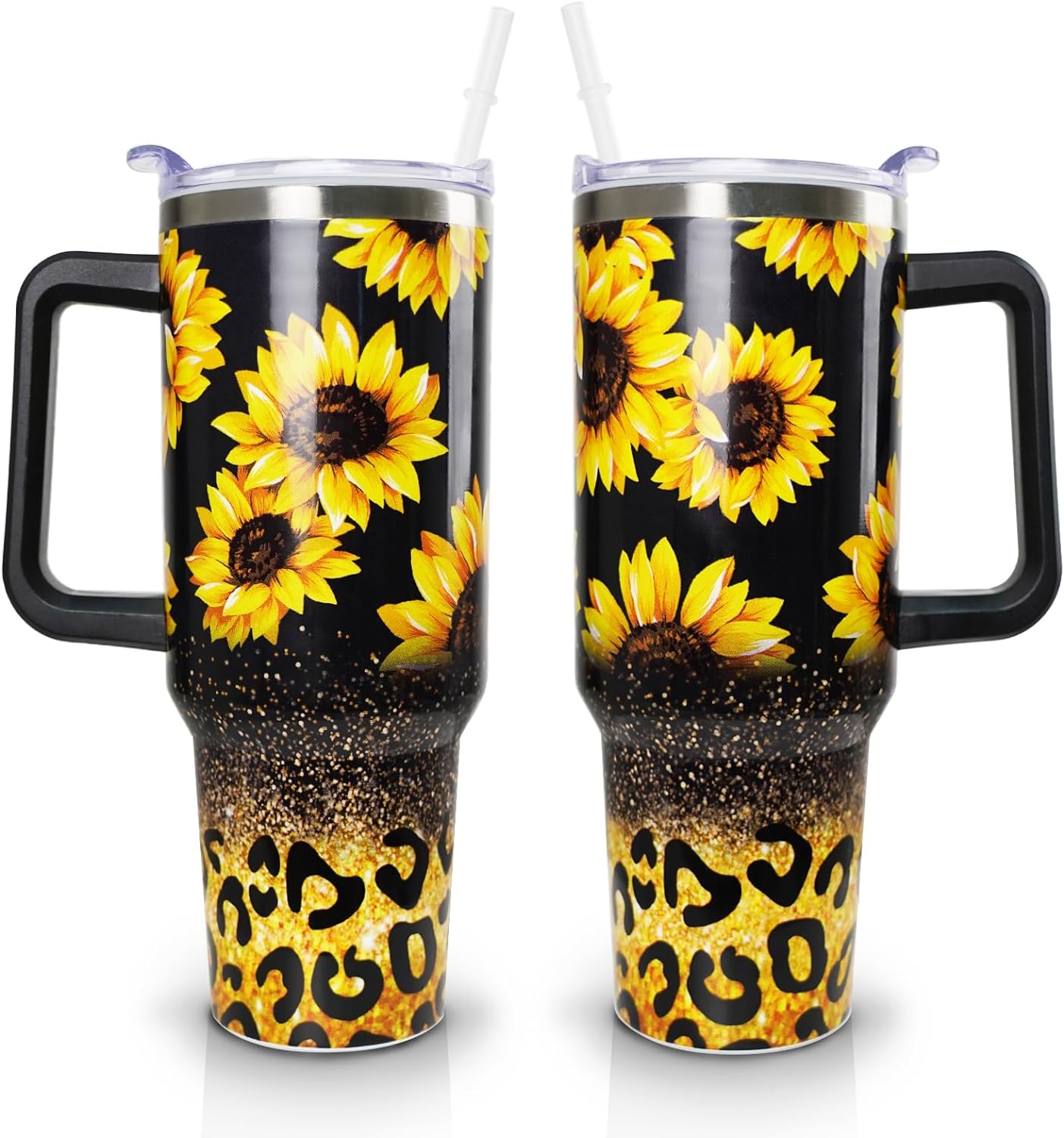 40 oz Tumbler with Handle and Straw Lid, Sunflower Leopard Insulated Cup, Double Vacuum Leak Proof Coffee Travel Mug, Sunflowers Stainless Steel Water Bottle Gifts for Women Mom